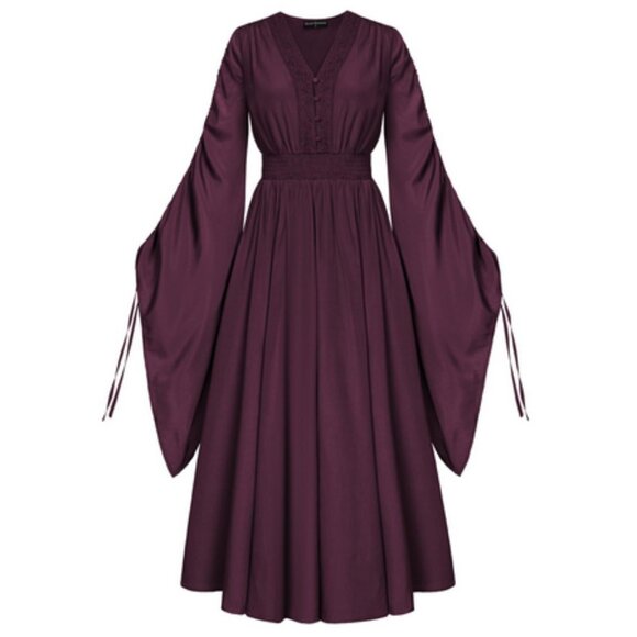 Scarlet Darkness Witchy Fairy Dress Renaissance Faire Medieval Bell Sleeve Maxi - Picture 1 of 10